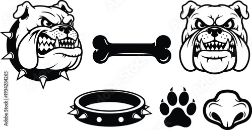 Bold black white vector bulldog heads with snarling expression spiked collar bone and paw icons close up frontal angle mascot logo set vintage aggressive style illustration