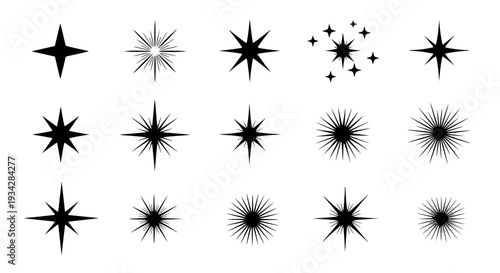Stars vector set with various black designs and effects featuring starburst, sparkle, shine with twinkle and burst