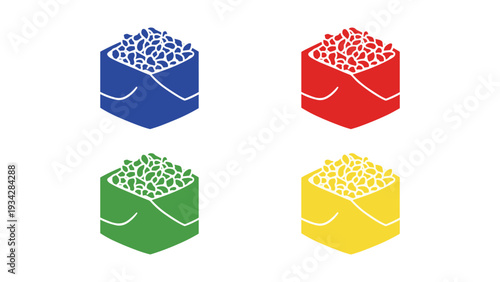 Four stylized cubes with colorful surfaces and abstract textures