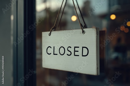 A white closed sign hangs on a glass storefront door with a blurred background.