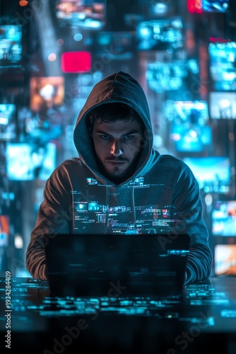 Guy in a hoody using a laptop, surrounded by virtual video shots on a digital background, symbolizing the future of content creation and online media