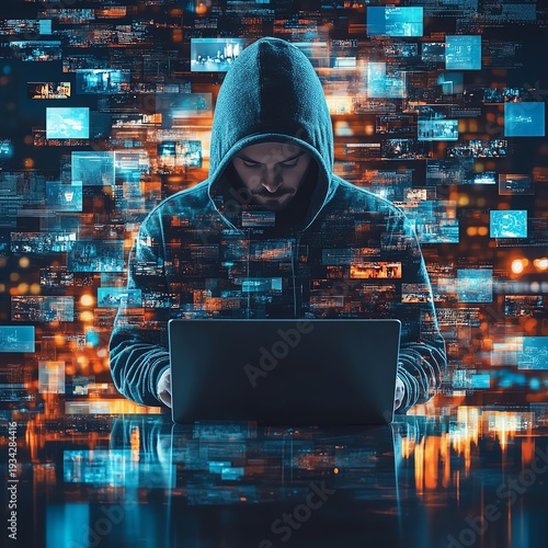 Guy in a hoody using a laptop, surrounded by virtual video shots on a digital background, symbolizing the future of content creation and online media