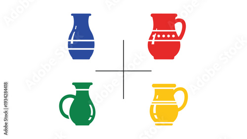 Four stylized ceramic vases arranged in a cross pattern with distinct colors and designs