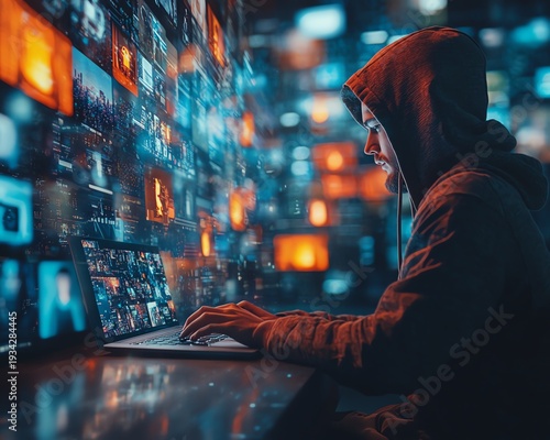 Guy in a hoody using a laptop, surrounded by virtual video shots on a digital background, symbolizing the future of content creation and online media