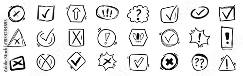 Checkbox tick cross box doodle sketches hand drawn vector collection. Crayon hand written chalk grunge illustration set. Vote symbol warning attention drawing. stock Vector illustration