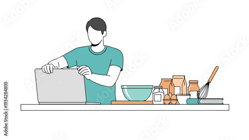 Flat 2D illustration of a man working remotely with a laptop and kitchen items on a counter in a simple, minimalist style.