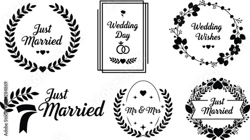 Minimalist black wedding badge set with laurel wreaths floral frames and rings showing just married and mr mrs emblems in flat vector style ornamental monochrome