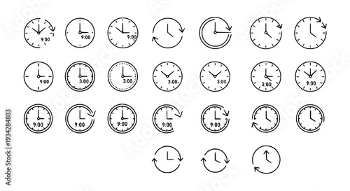 Clocks set with various times and circular arrows featuring clock, time, arrow with schedule and timing elements for
