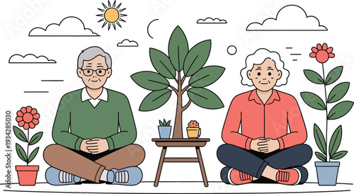 Elderly couple meditating with plants in serene outdoor setting
