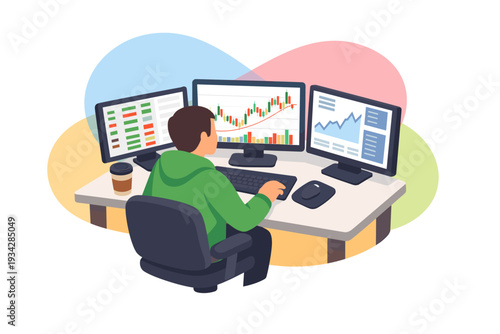 Man working on multiple computer screens with stock market data.