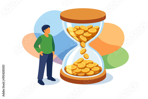 Man standing next to hourglass filled with coins.