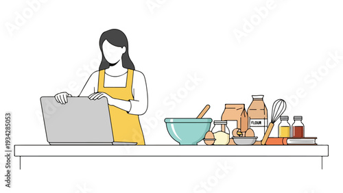 Flat 2D illustration of a woman working remotely on her laptop in a kitchen with baking ingredients and utensils around her.