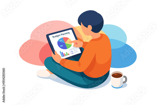 Person using tablet for budget planning with pie chart.