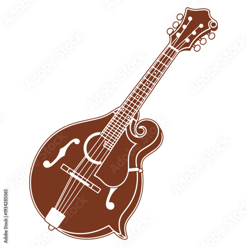 Illustration of a brown mandolin stringed instrument evoking folk and bluegrass music tradition and a vintage feel