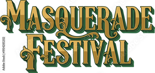 Golden Masquerade Festival Typography Logo with Elegant Vintage Victorian Ornaments for Carnival and Gala Event