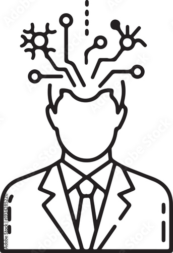"Artificial intelligence vector illustration showing executive silhouette with neural connections symbolizing cognitive processing and technological integration"