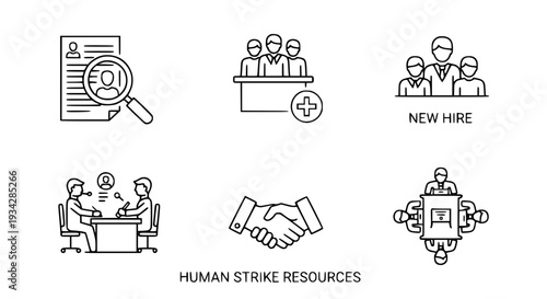 Icons representing recruitment and human resources processes with line art featuring hiring, job, interview with resume