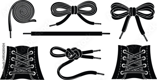 Minimalist vector art close up shoelaces and tied bows top view seven lace variations including coiled straight aglets and eyelet shoe tongue in black silhouette flat