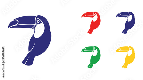 Colorful stylized illustrations of toucan birds in different vibrant hues