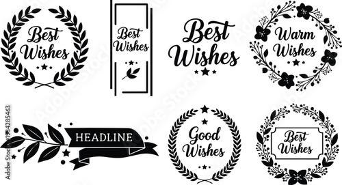 Minimalist black laurel wreath and floral badge set showing best wishes ribbons labels and headline banner for greeting card mockup svg png mockup flat vector art