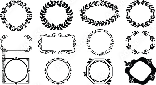 Minimalist vector wreath frames set featuring twelve decorative circular and rectangular laurel borders in black silhouette close up centered composition isolated on white background ornamental