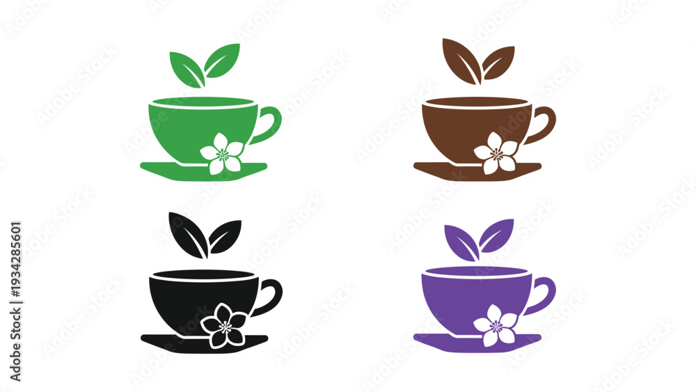 Obraz premium Colorful tea cups with floral decorations and green leaves on top