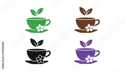 Colorful tea cups with floral decorations and green leaves on top