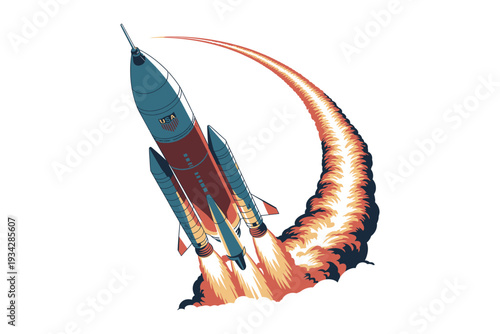 A retro styled rocket with a USA emblem ascends powerfully through a fiery exhaust trail high-quality professional detailed modern elegant stylish clean.