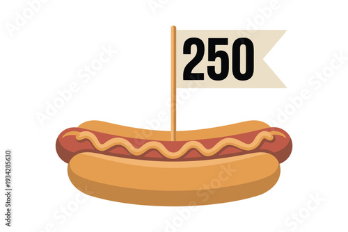 A cartoon illustration depicts a hot dog with a flag displaying the number 250 high-quality professional detailed modern elegant stylish clean crisp.