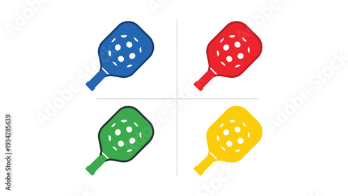 Four colorful badminton rackets with distinct vibrant hues displayed in a grid layout