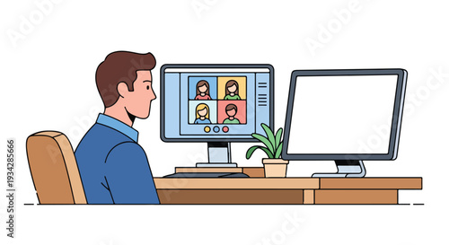 A man sits at a desk with two monitors, participating in a remote work video conference in a flat 2D style, embodying a modern lifestyle.