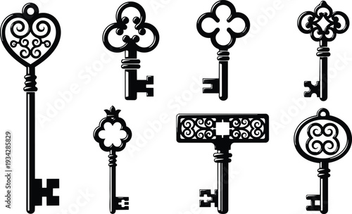 Vintage ornamental keys set close up top view seven antique skeleton keys with ornate heads arranged on white background high contrast flat vector art minimalist silhouette