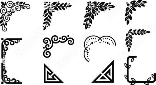 Minimalist vector corner ornaments set close up black floral and swirl decorative corners seen from top angle for frame design flat style mockup svg png mockup