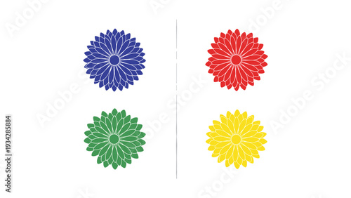 Four vibrant stylized flowers arranged in a square pattern on a plain background