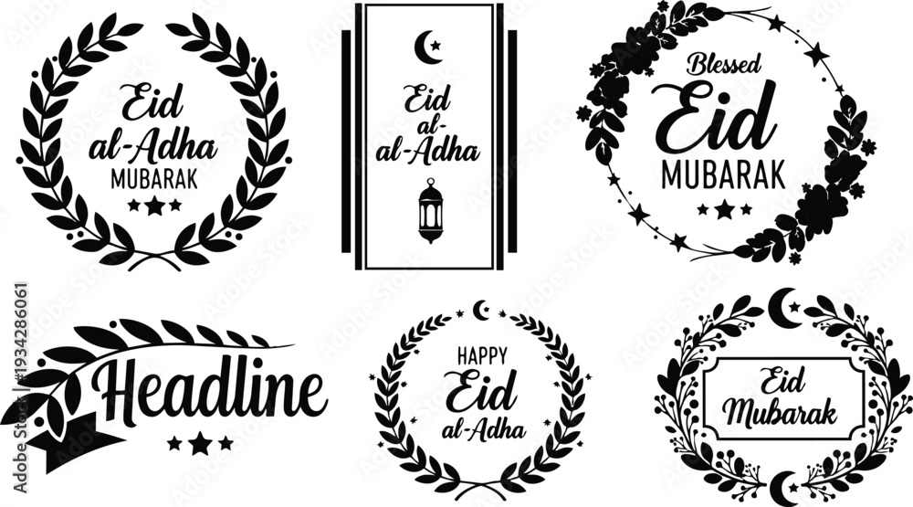 Obraz premium Minimalist black eid wreath badges and frames set with crescent lantern floral elements for eid al adha greetings stacked mockup view close up flat vector art