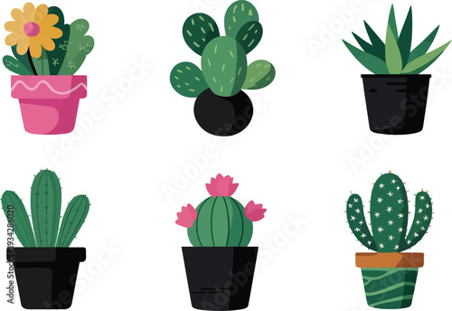 Colorful potted cacti and succulent plant stickers