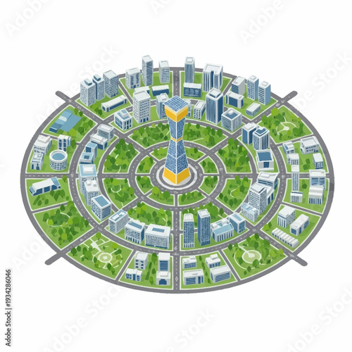 Circular Cityscape with Central Skyscraper and Green Spaces.