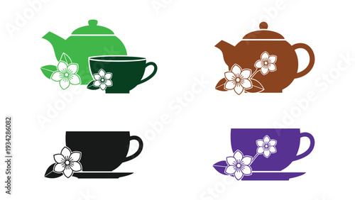 Four stylish teapots and cups adorned with floral designs in vibrant colors