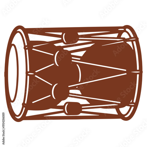 Illustration of a traditional Indian Dhol drum in brown and white against a blank backdrop