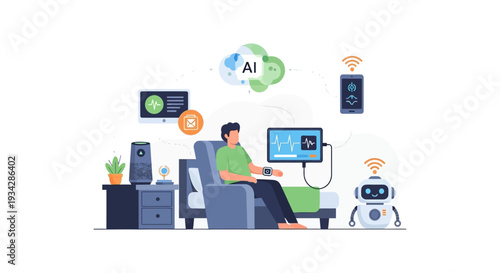 AI Remote Patient Monitoring System. Telemedicine, IoT, and Smart Devices Connecting Patient Health Data to the Cloud.