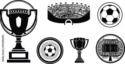 Minimalist black soccer trophy and stadium icons set showing close up front cup trophy soccer ball circle badges aerial stadium view flat vector art bold silhouettes