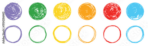 Line pencil crayon chalk brush strike circle drawing illustration set. Children color crayon brush stroke frame. Scribble hand drawn grunge doodle color circle set. Vector illustration