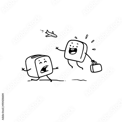Two cartoon marshmallows running one carrying a suitcase as an airplane flies overhead conveying travel and adventure
