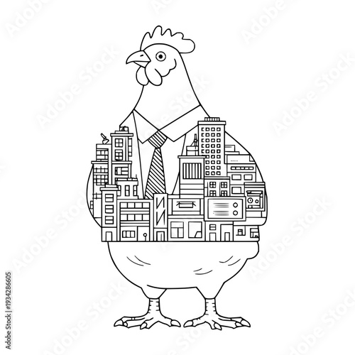 Black and white illustration of a chicken in a business suit with a cityscape on its body symbolizing urbanization and corporate culture
