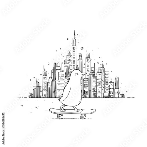 Bird riding skateboard in front of urban cityscape background with tall buildings and skyscrapers black and white illustration