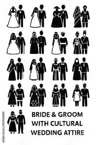 Diverse wedding couples depicted in black silhouettes representing various cultural traditions and attire high quality