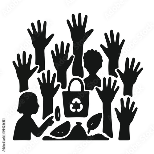 A group of raised hands and silhouettes depict unity protest and environmental advocacy high quality