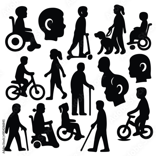 Diverse silhouettes depict people of varying ages and abilities engaging in daily activities high quality