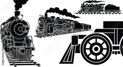 Vintage steam train close up front view and detailed wheel closeup with passing locomotive on tracks low angle black and white vector high contrast graphic composition