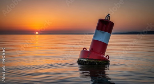 A red and white buoy floats in calm water at sunset